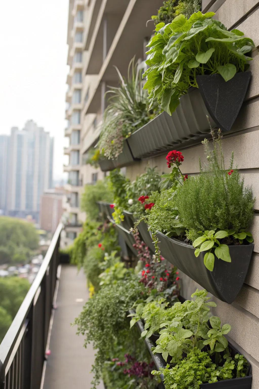 Upright planters morph walls into verdant showcases.