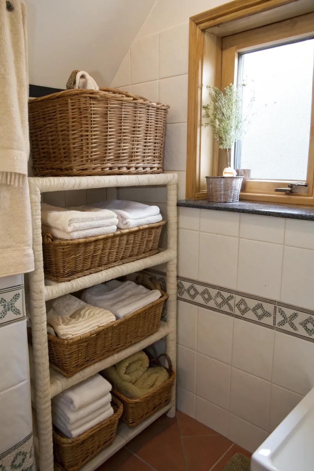 Baskets offer a rustic, yet organized storage solution.