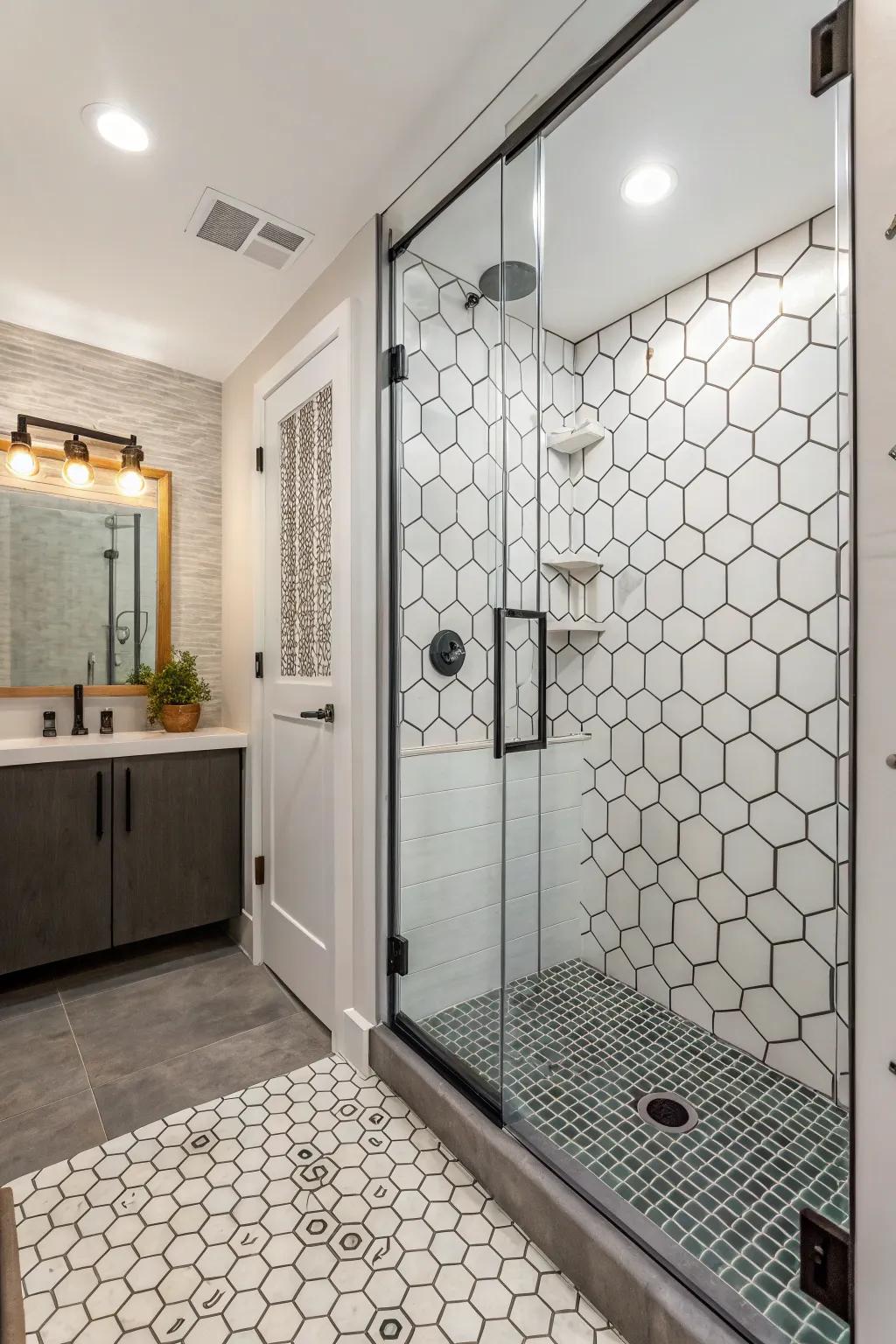 Distinctive tilework contributes character and depth to compact spaces.