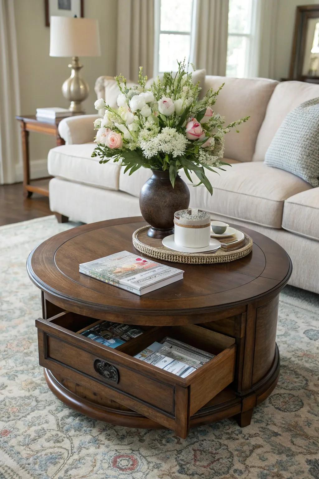 Round tables with hidden compartments offer style and practicality.