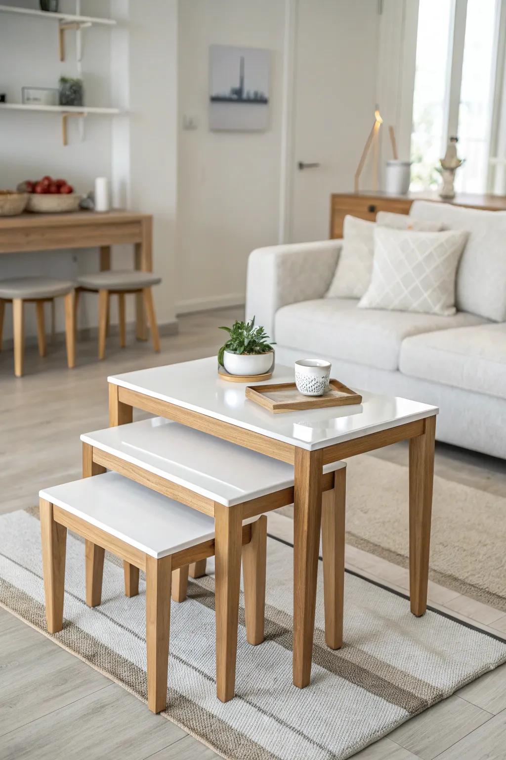 Nesting tables maximize space in a minimalist room.