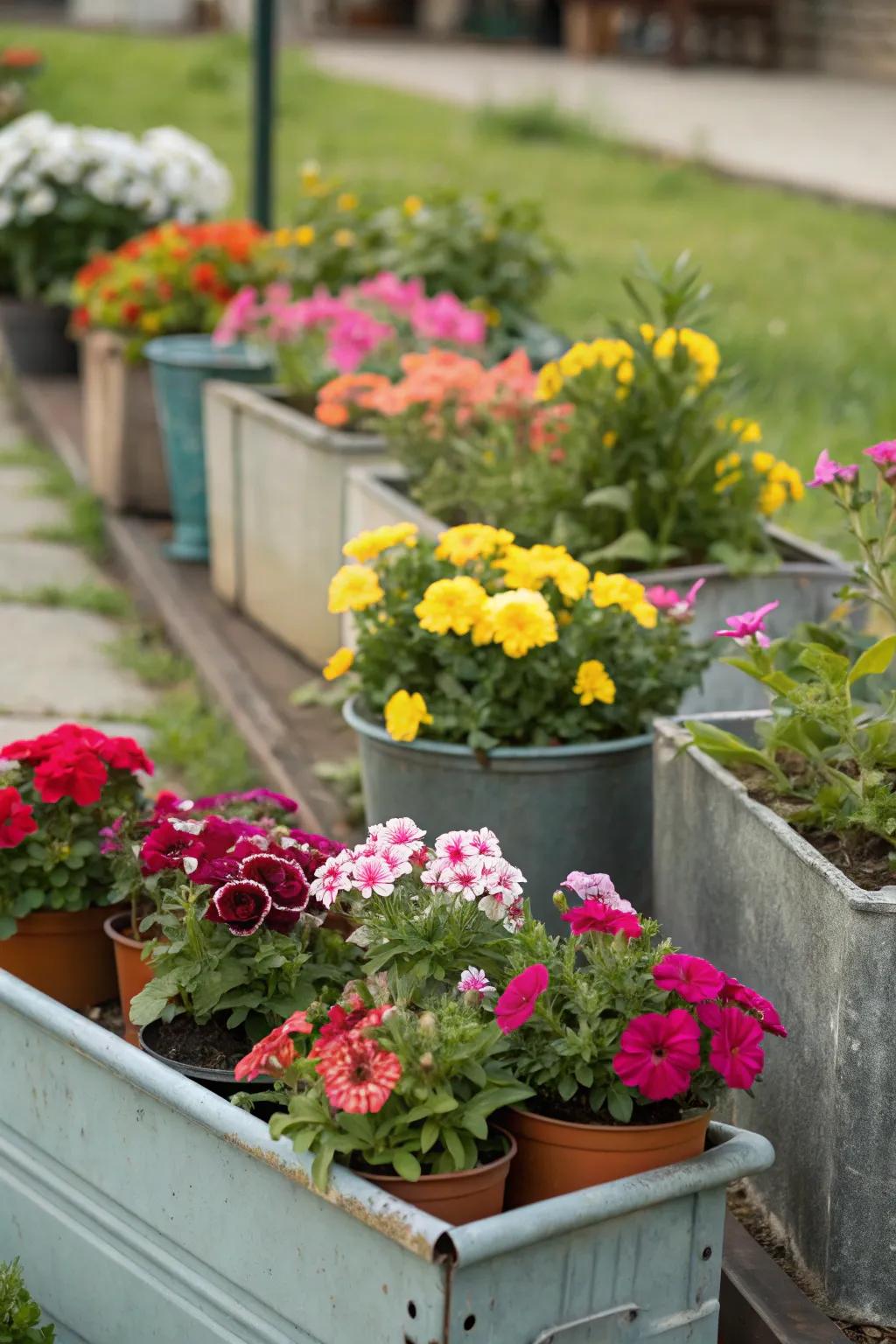 A versatile small flower bed featuring a collection of containers with blooming flowers.