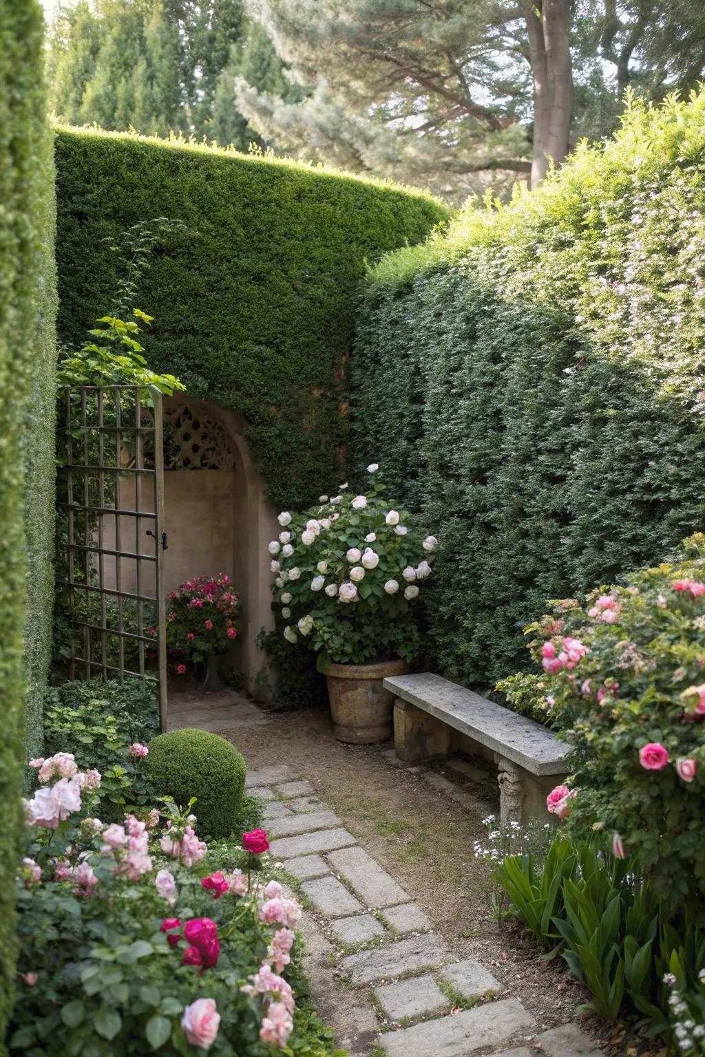 Taller hedges create a secluded garden retreat.