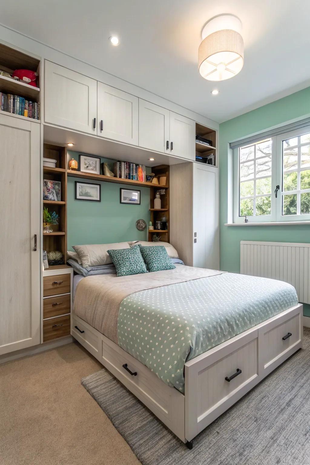 Astute furniture selections maximize space within a small master bedroom.