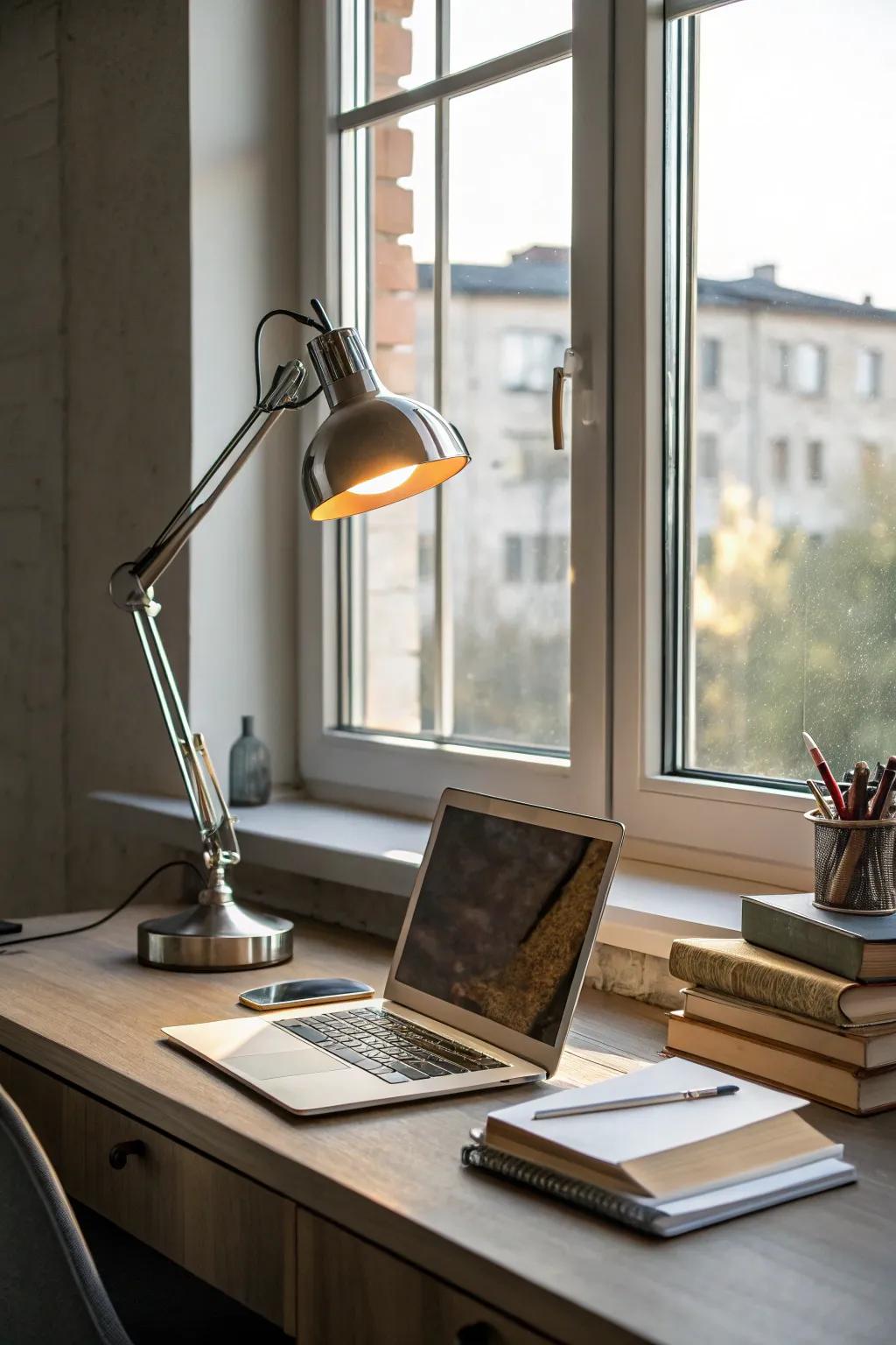 A blend of natural and artificial lighting enhances the ambiance of a small workspace.