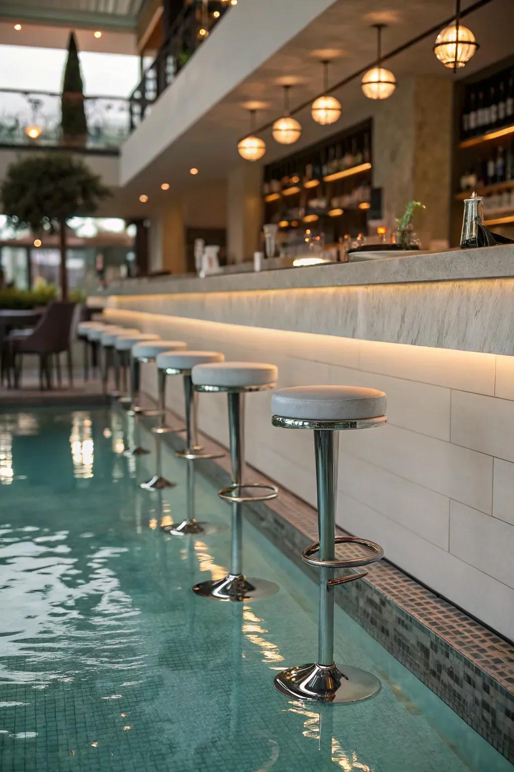 Submerged seating offers a luxurious pool experience without stepping out of the water.