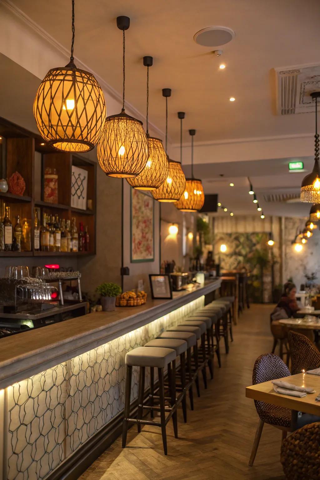 Warm pendant lights creating an inviting atmosphere in a small restaurant bar.