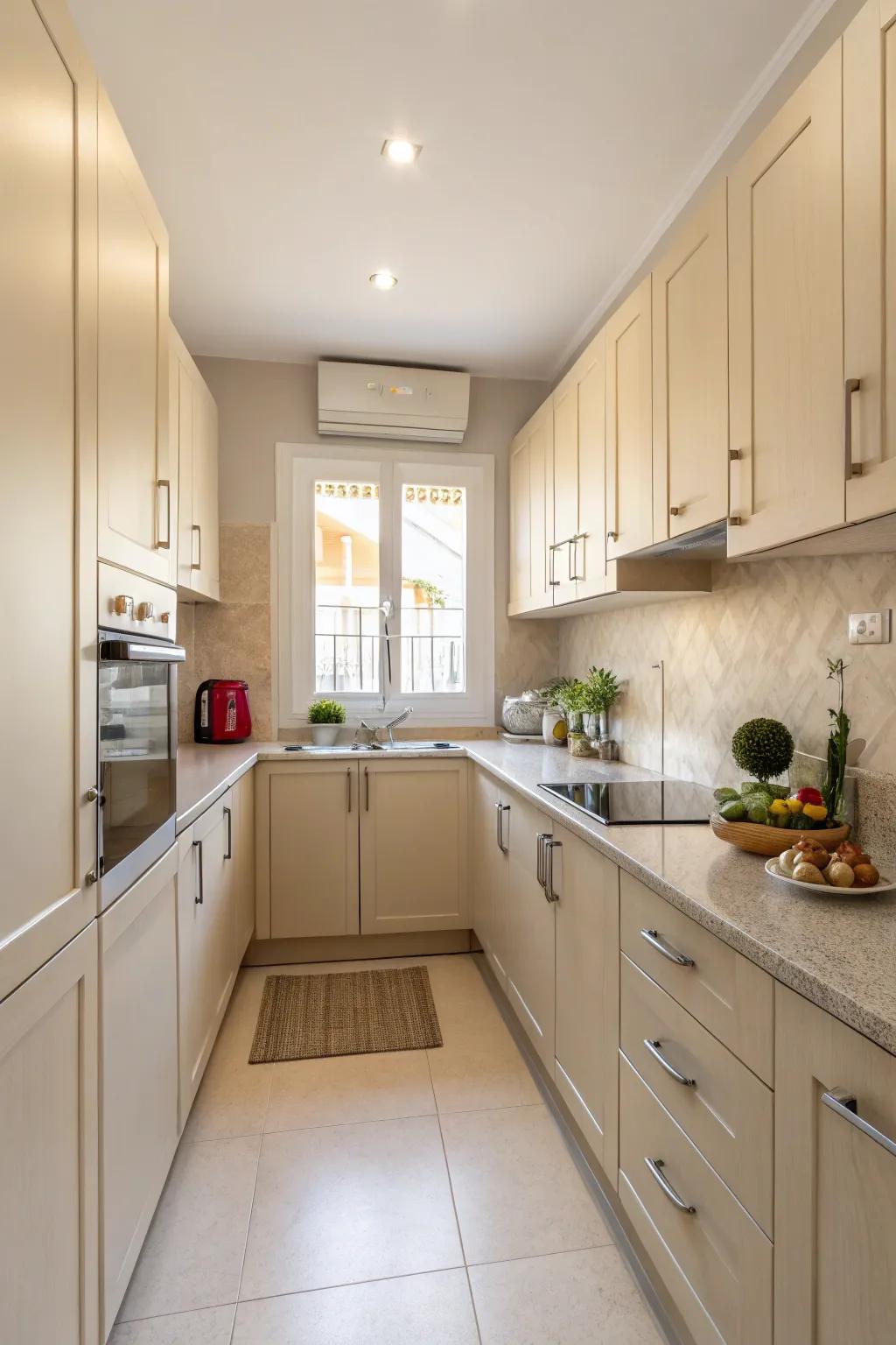 Neutral tones create a bright and spacious feel in a small kitchen.