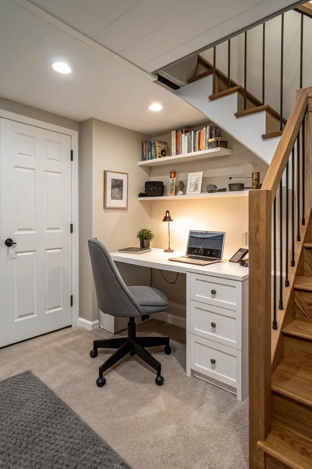 Design a focused work environment with an efficient home office in your basement.