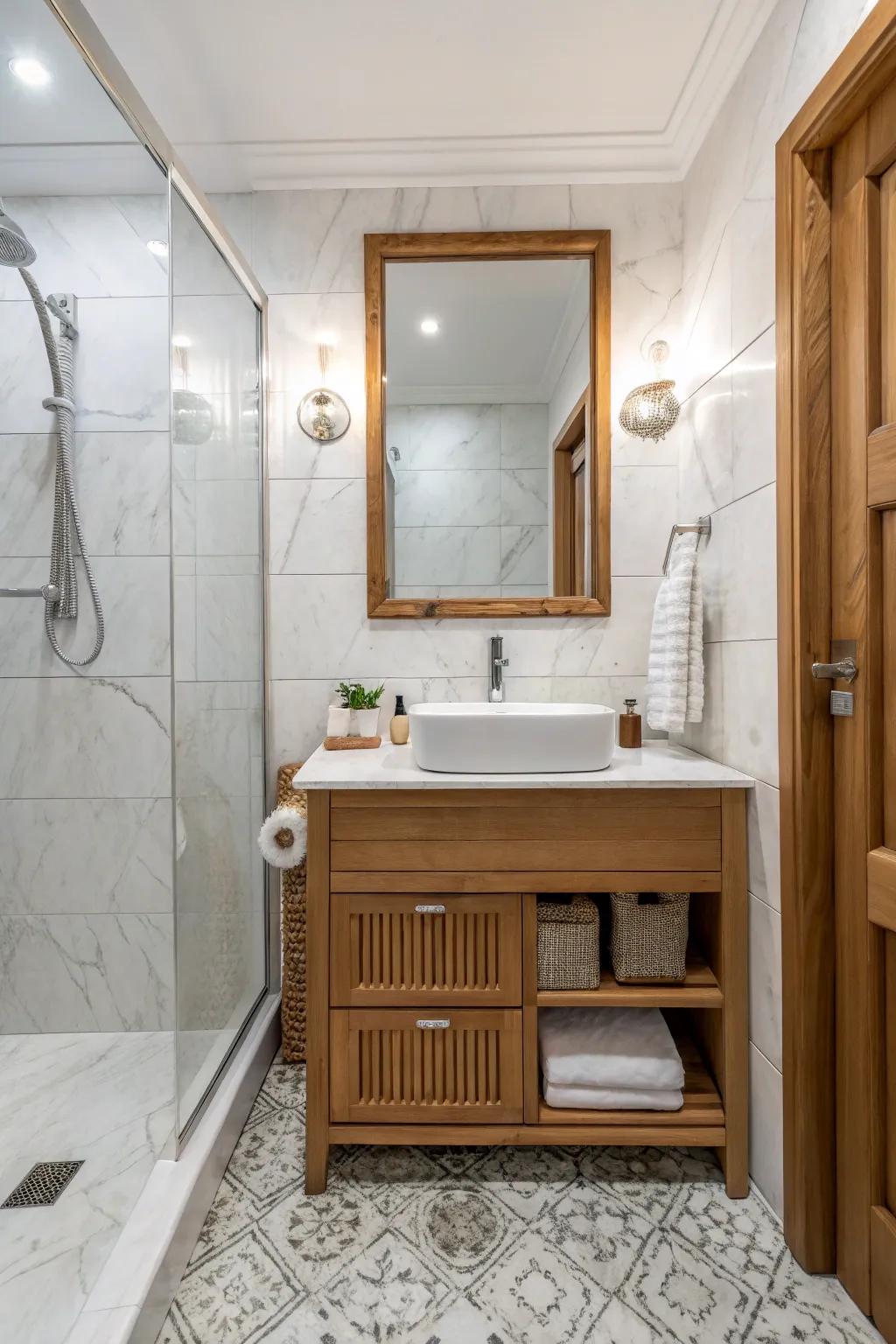 Wood accents soften and warm up marble spaces.
