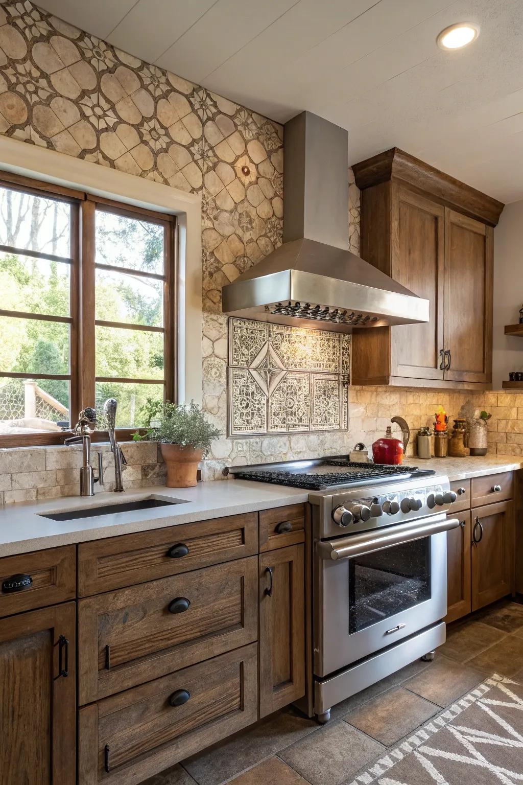 A rustic tile backsplash juxtaposed with modern kitchen elements.