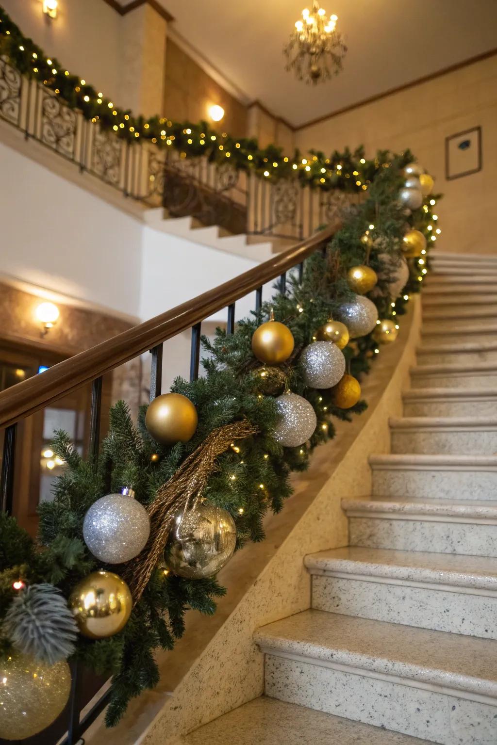 A garland decorated with shimmering gold and silver ornaments.