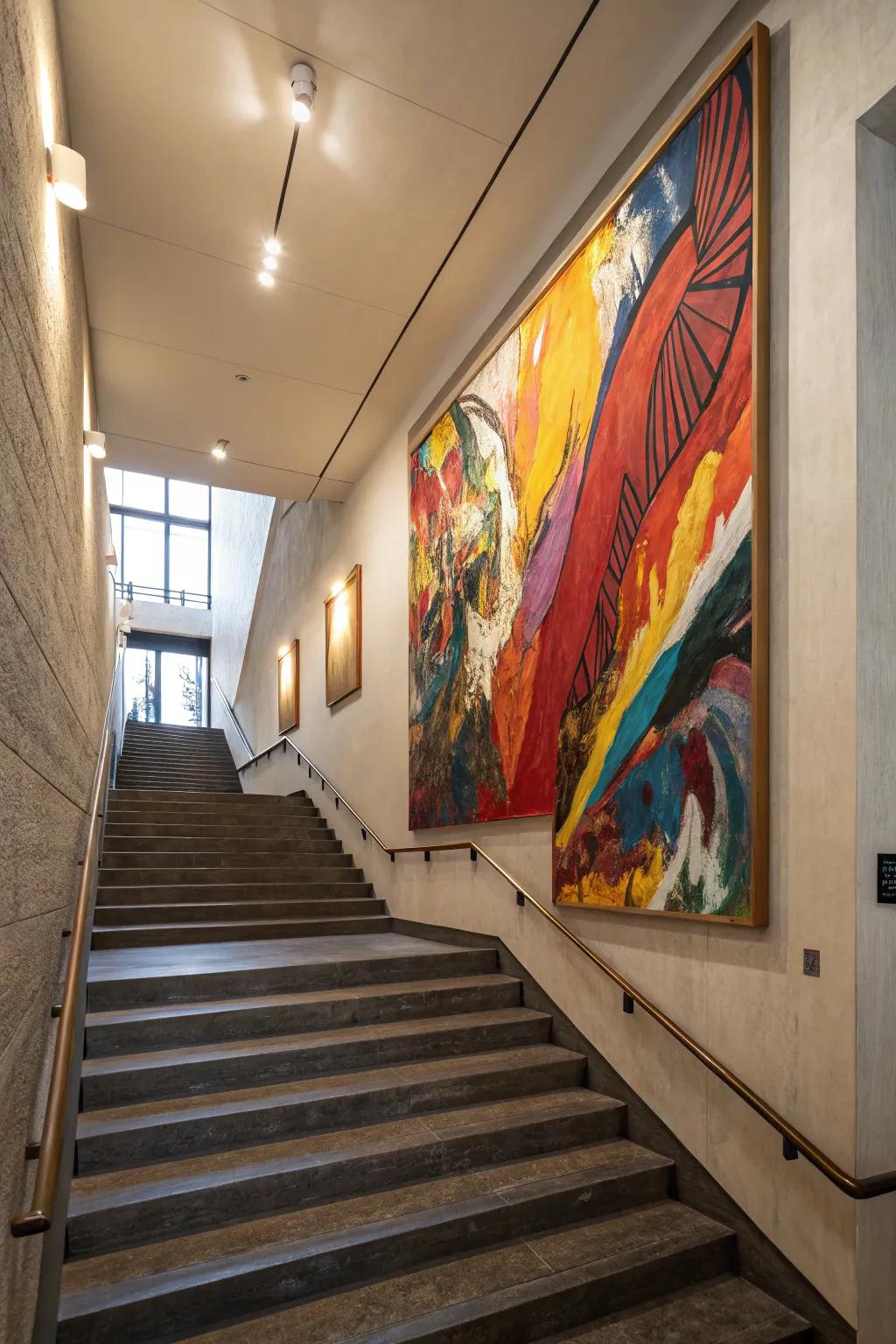 A single statement art piece transforms the stairway.