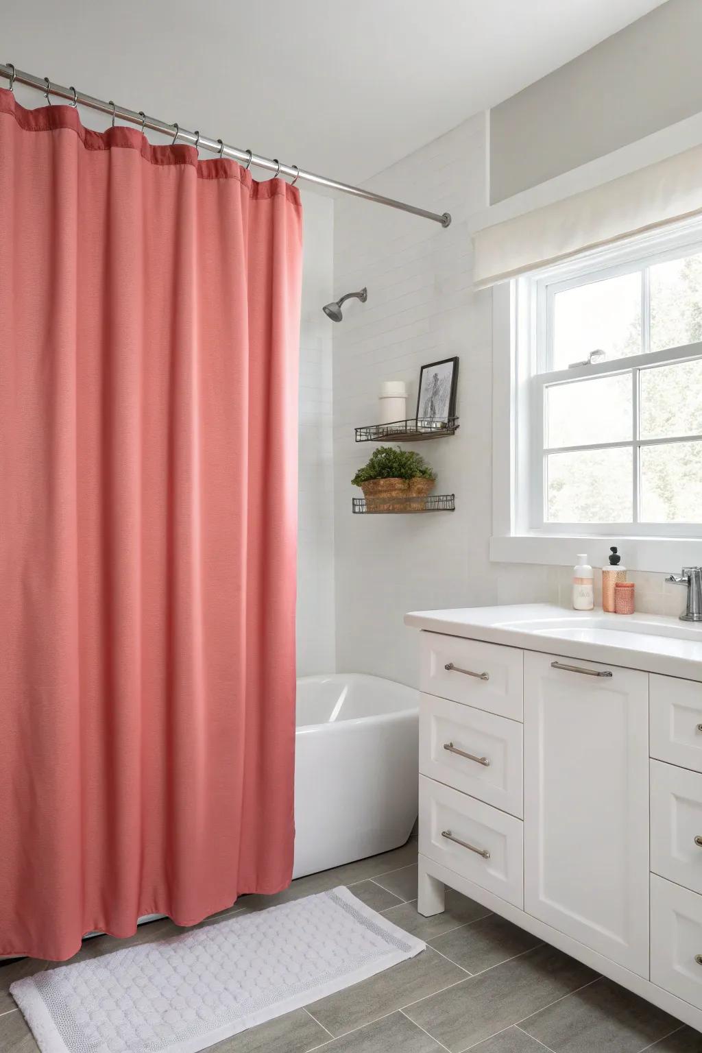 Solid color shower curtains create a calm and elegant space.