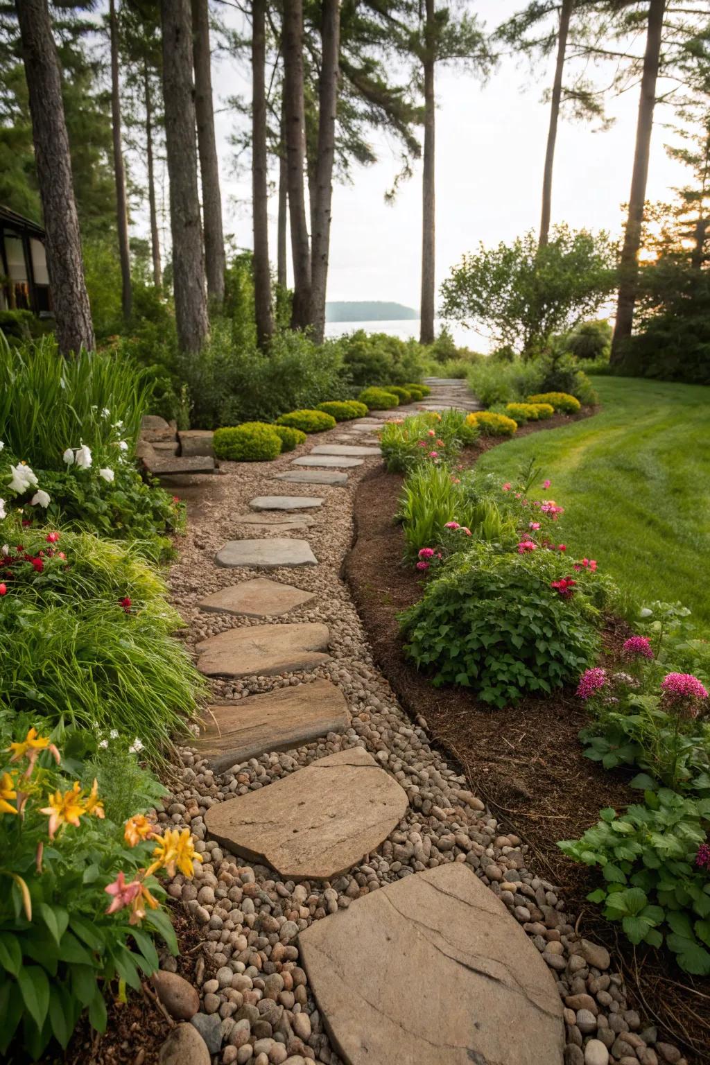 Create inviting pathways with a mix of river stones and mulch.