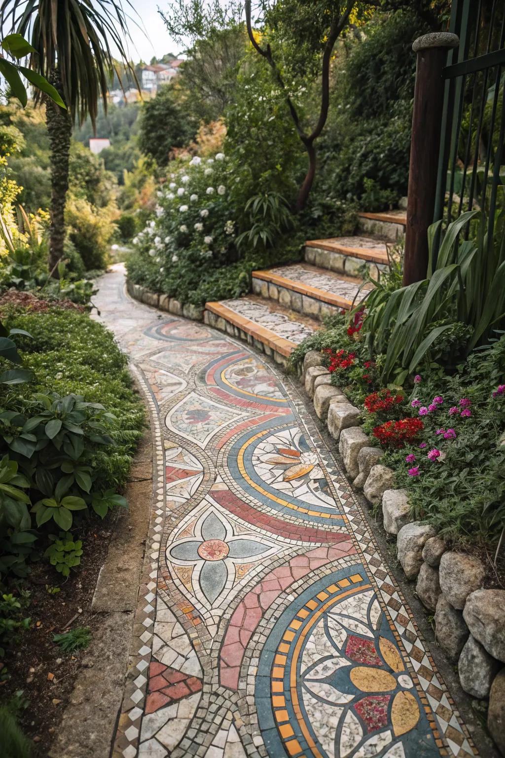 A mosaic stone path brings vibrant artistry to your outdoor space.