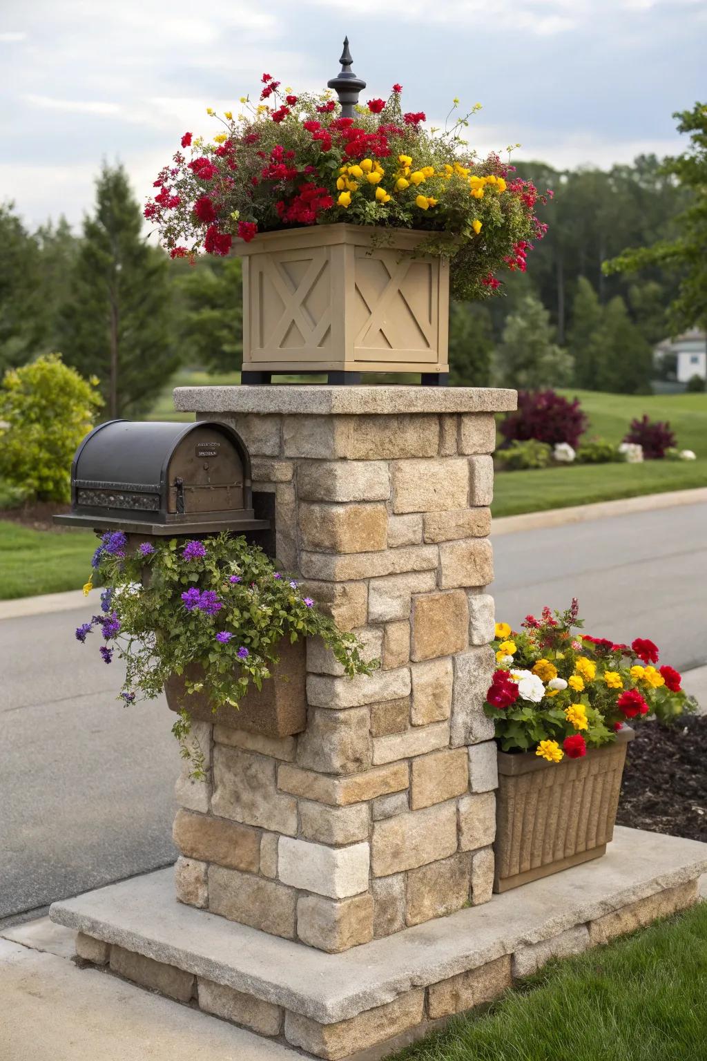 A stone mailbox pillar featuring a vibrant built-in planter.