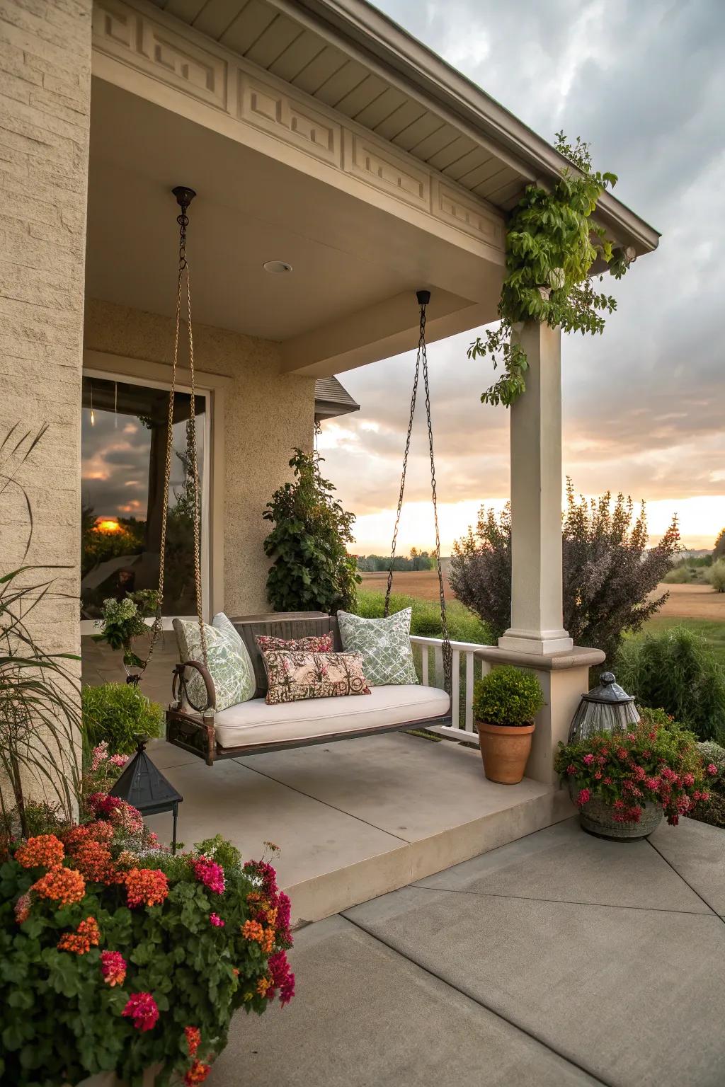 A cozy seating area on the porch, perfect for relaxing with a view.