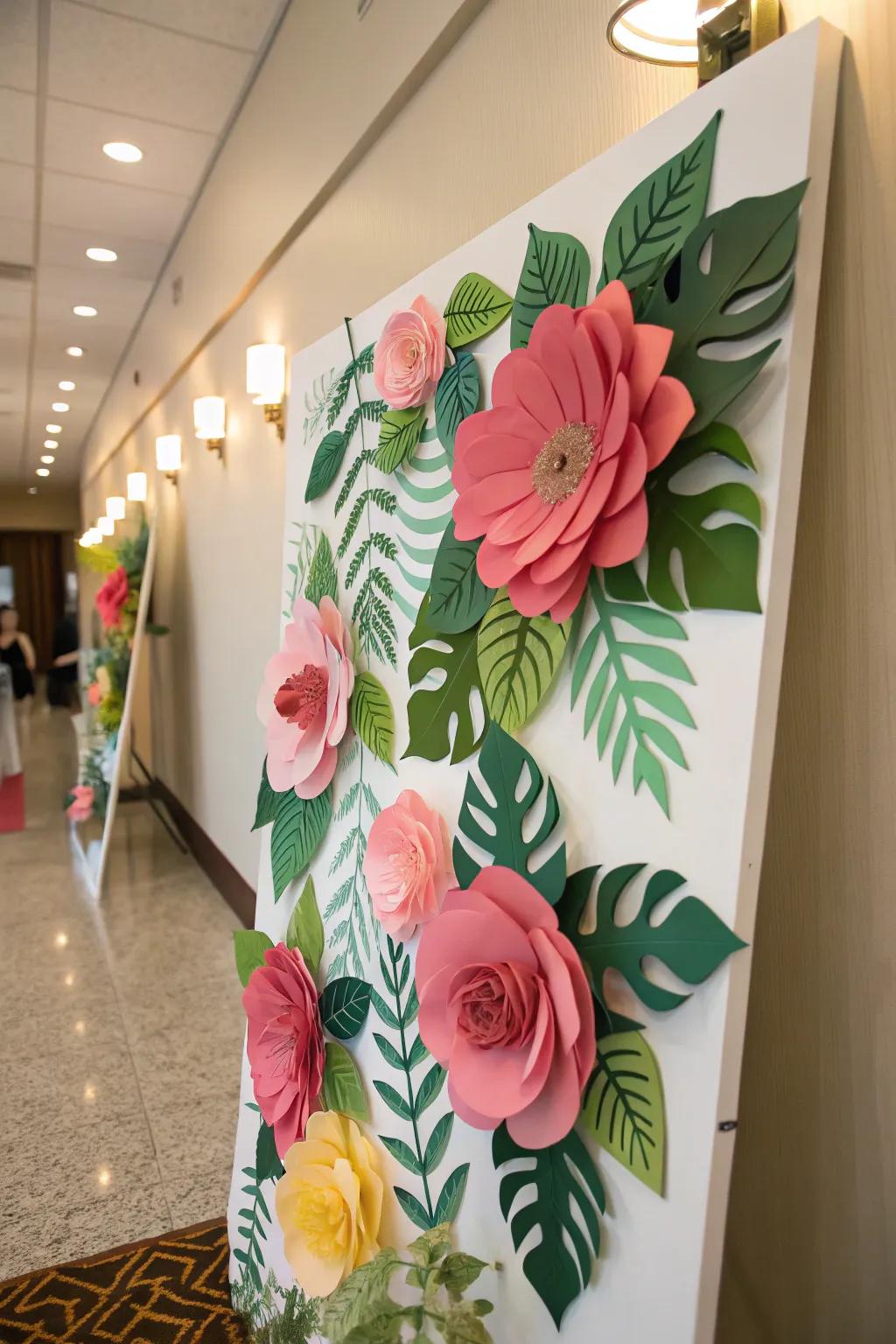 A board enriched with dramatic paper blossoms and lush verdant foliage.