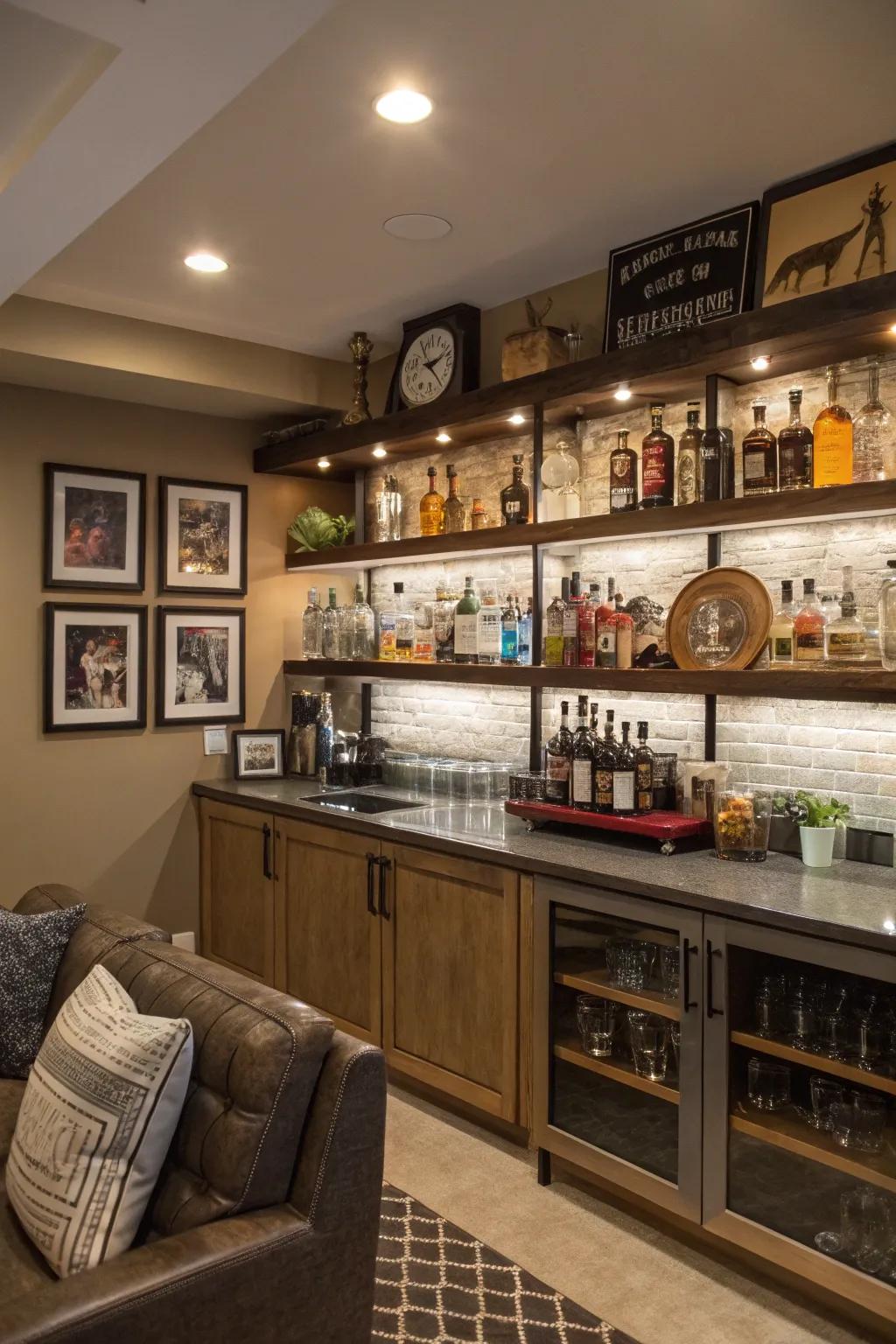 Decorative shelving brings style and personality to this home bar setup.