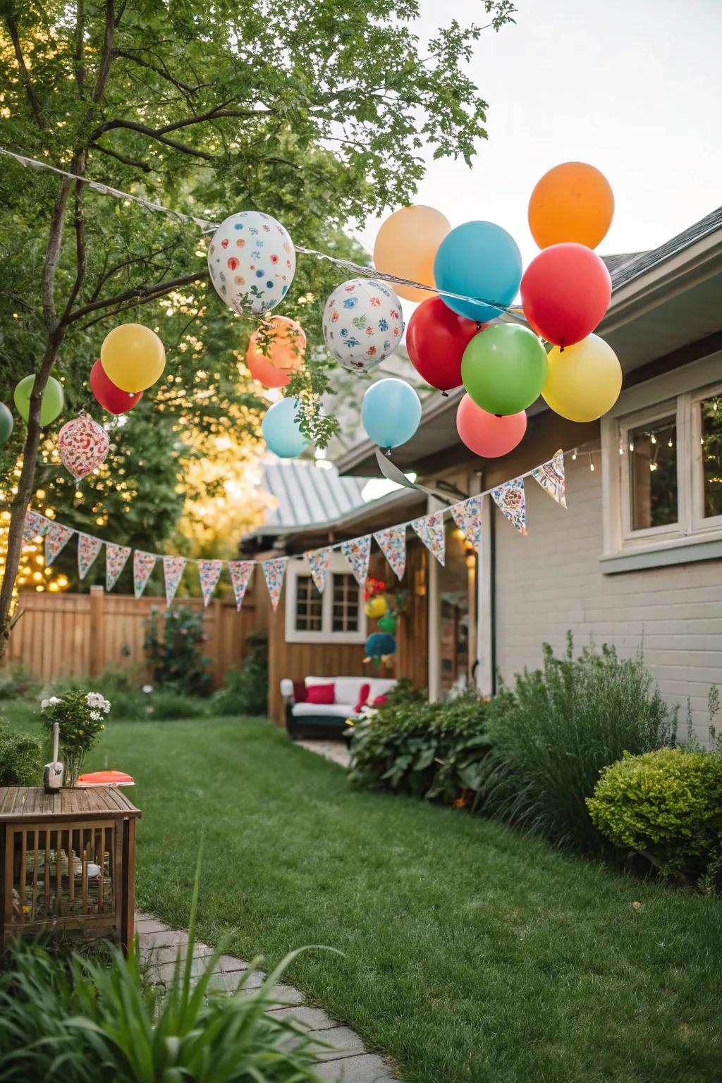 A backyard adorned with colorful balloons and a festive banner.