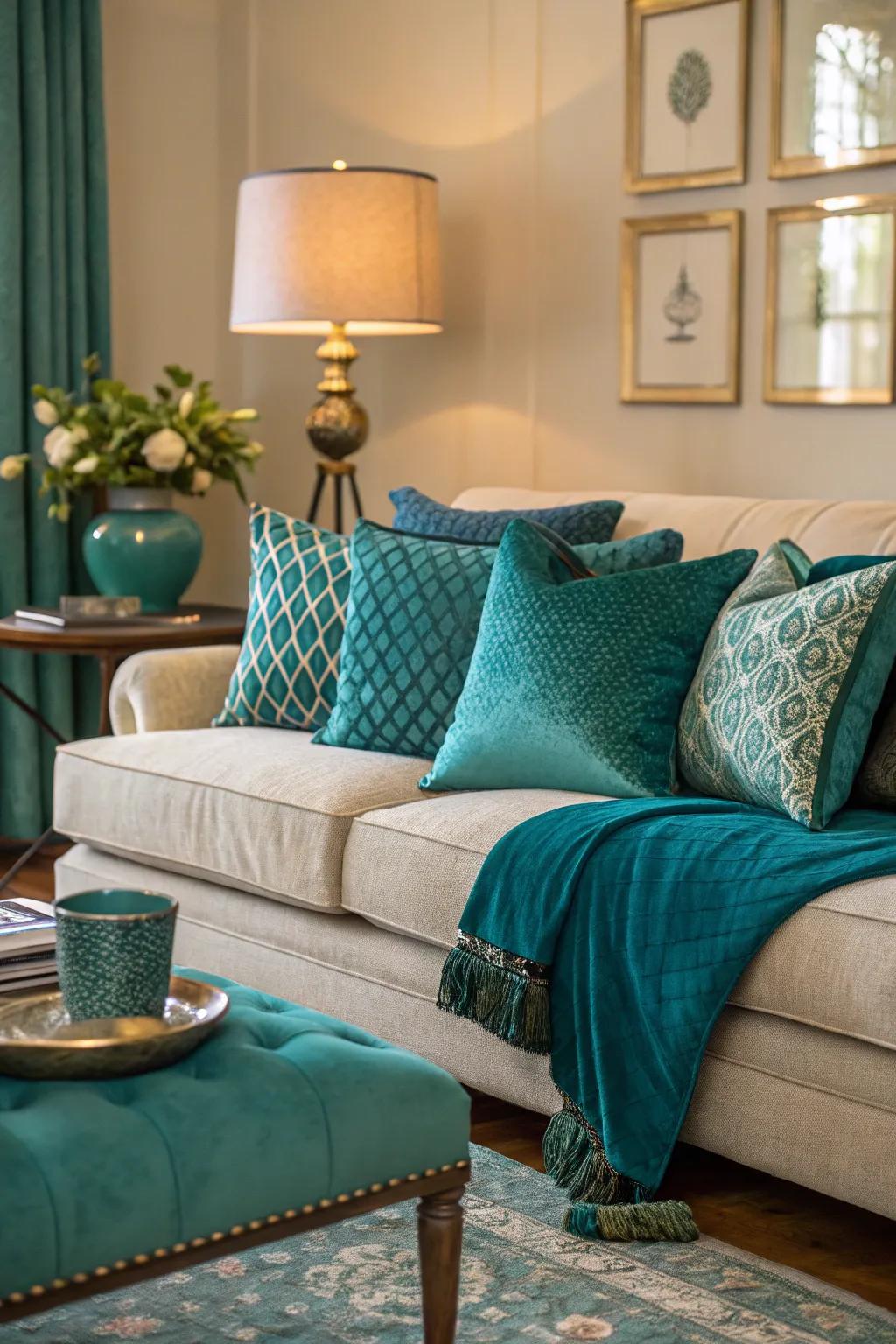 Layered textiles in teal and turquoise add warmth and interest.