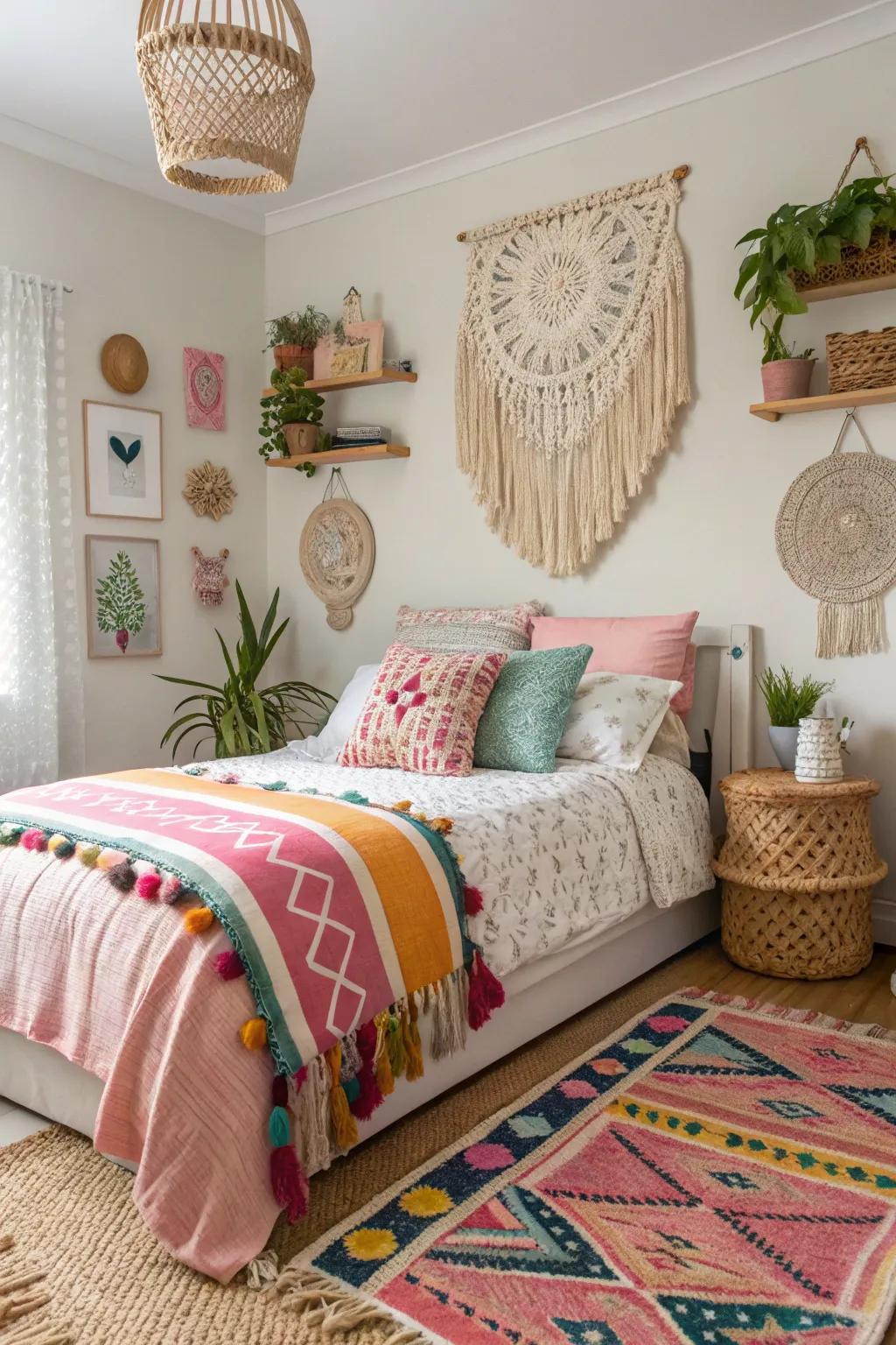 A bohemian-inspired teen girl bedroom with rich textures and eclectic decor.