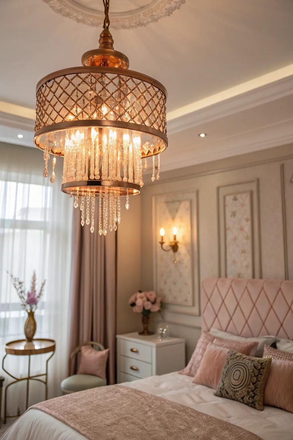 Rose gold lighting fixtures add warmth and elegance.