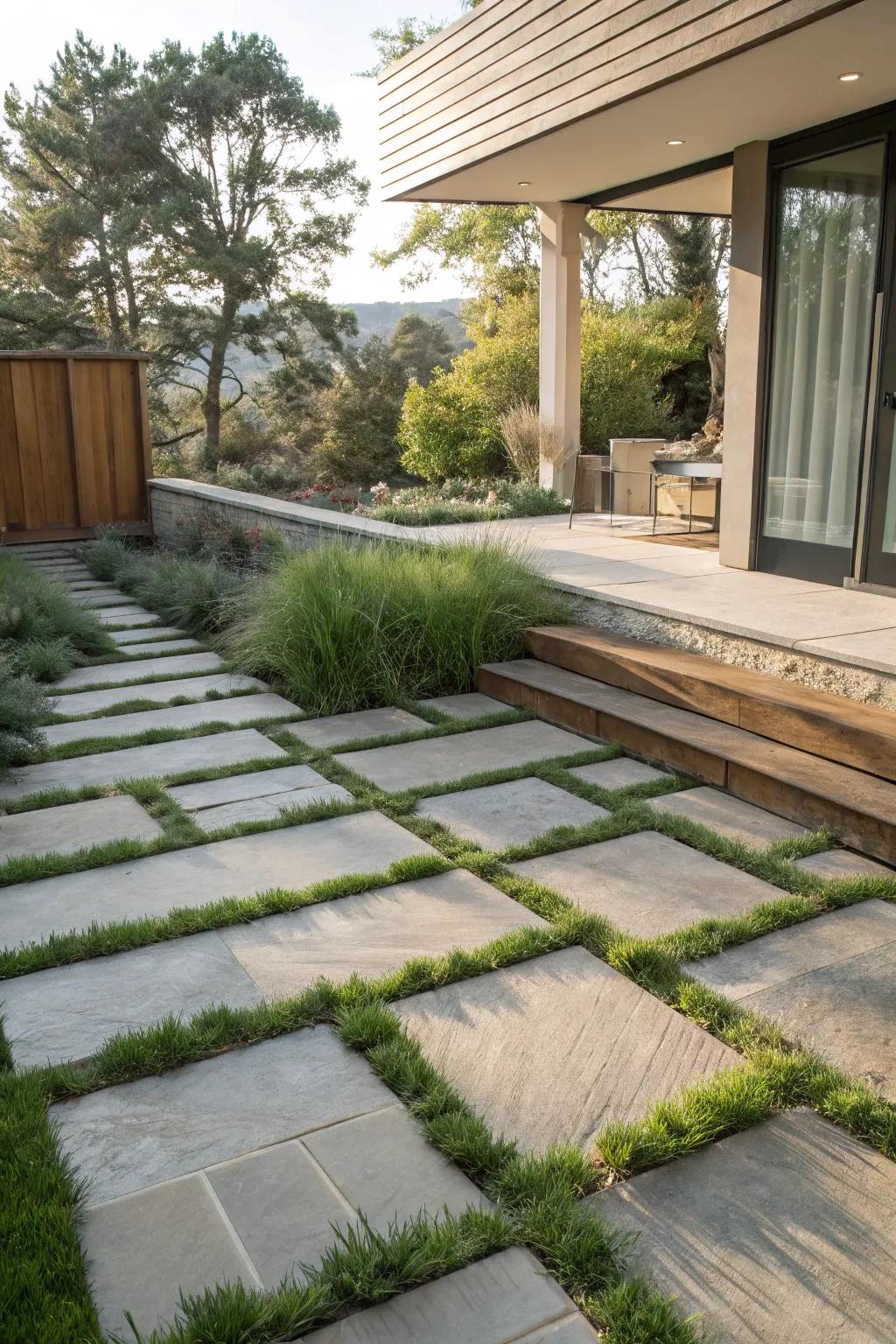 A blend of grass and stone creates a naturalistic yet stylish terrace.