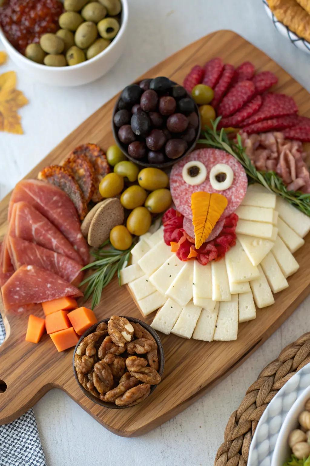 A rustic turkey-shaped charcuterie spread for meat lovers.