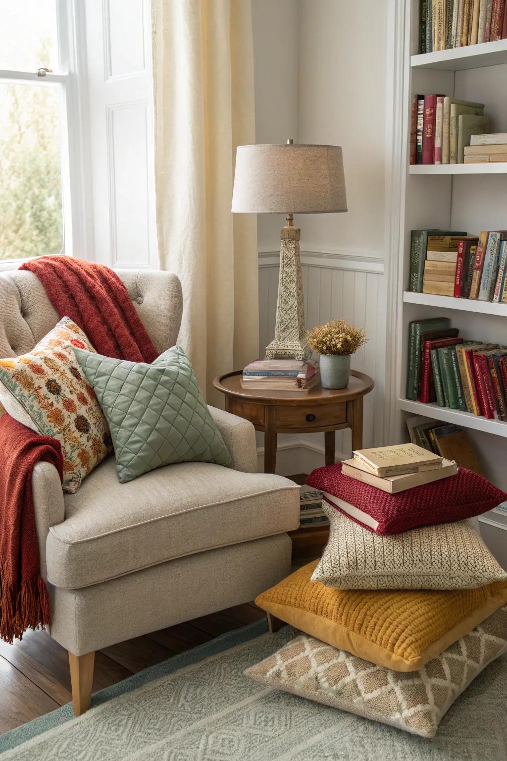 A layered arrangement of throw pillows creating a warm and inviting reading corner.