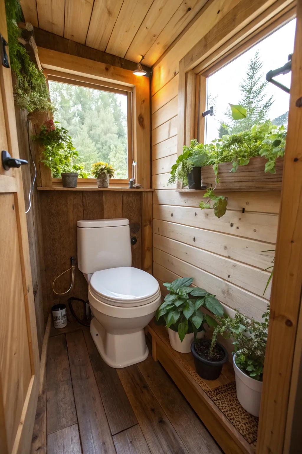 Eco-friendly composting toilet in a nature-inspired tiny bathroom