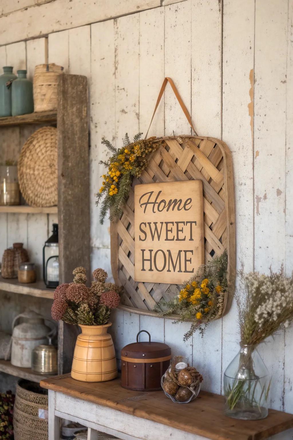 A welcoming presence with an inspirational saying within a feed sack.
