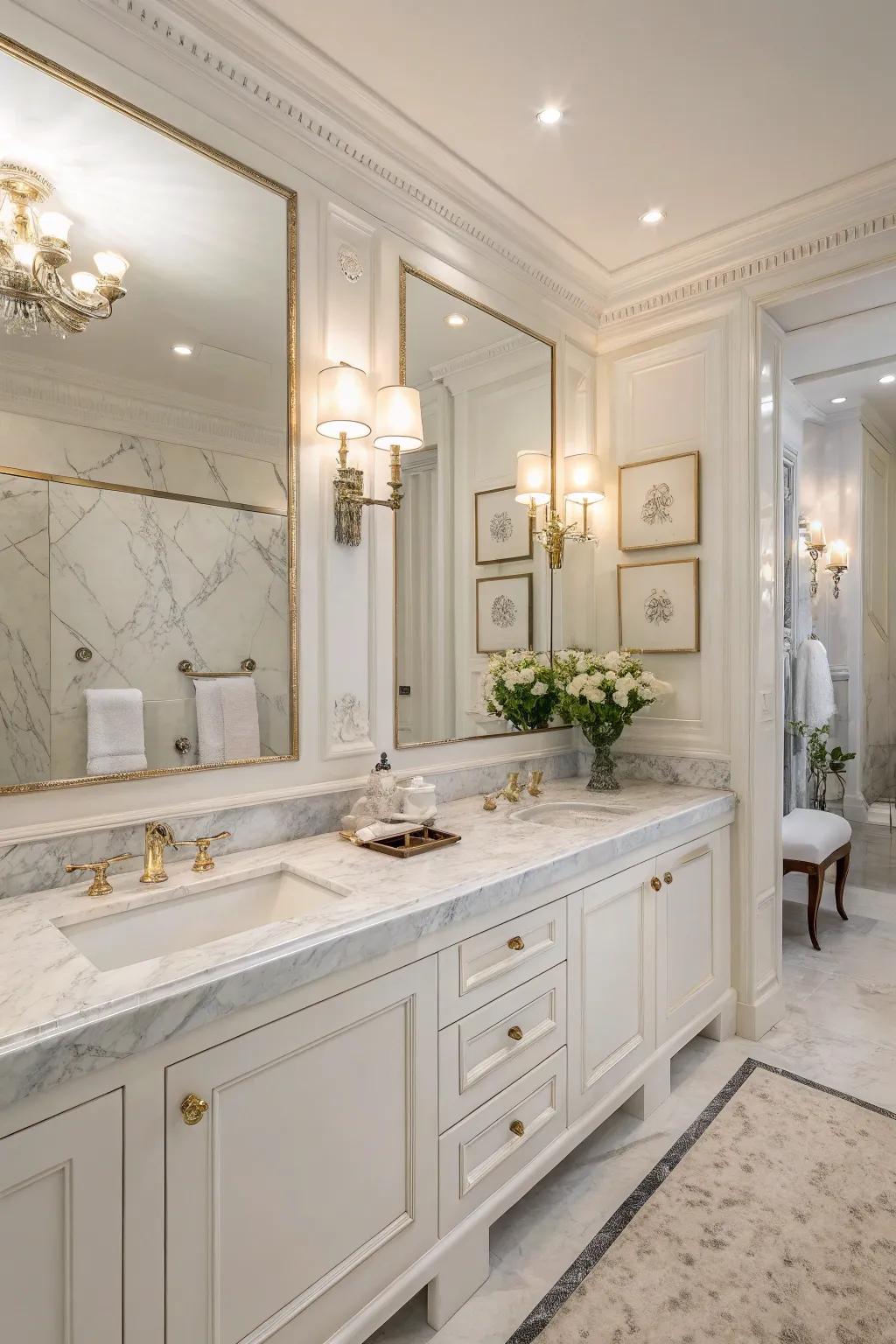 A white bathroom with elegant marble countertops adding a luxury touch.