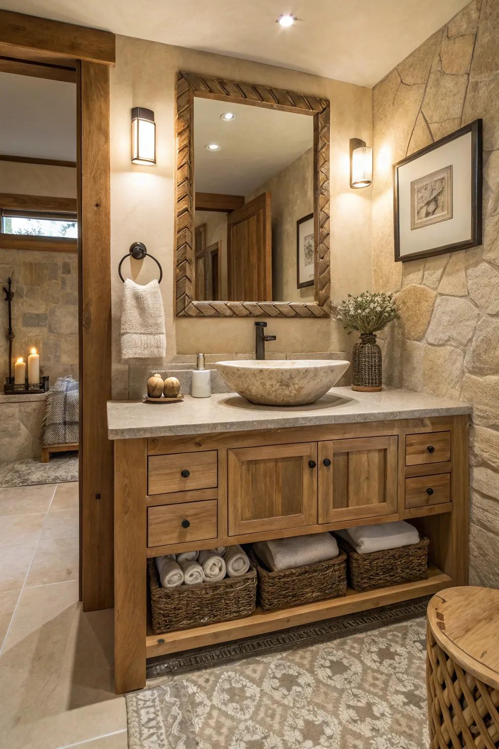 A bathroom featuring a vanity crafted from natural materials to bring warmth and texture.
