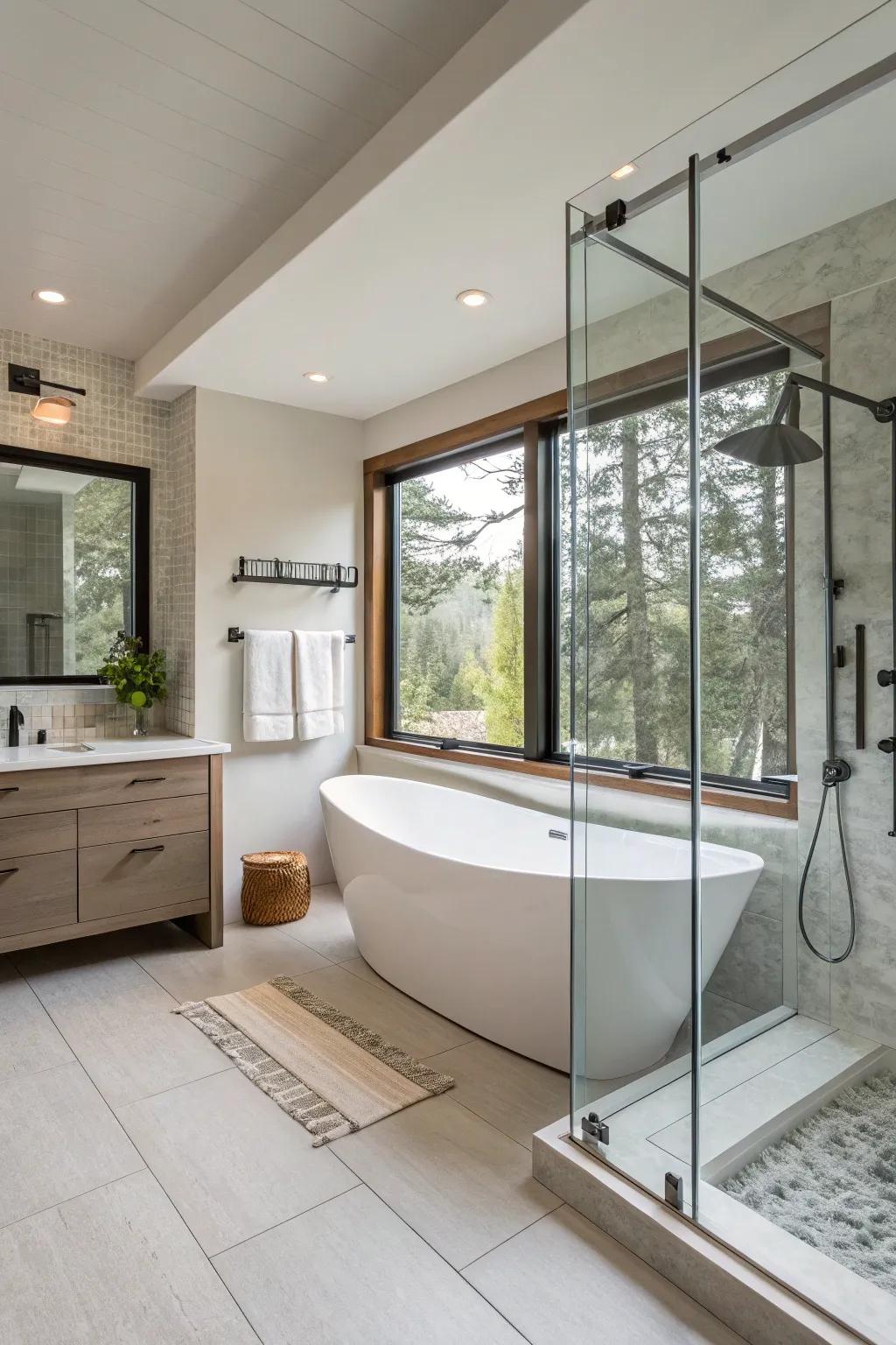 Glass enclosures add a modern touch and enhance light flow in the bathroom.