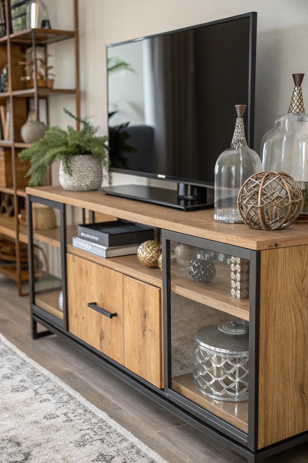 Mixed materials like wood, metal, and glass on a TV console.