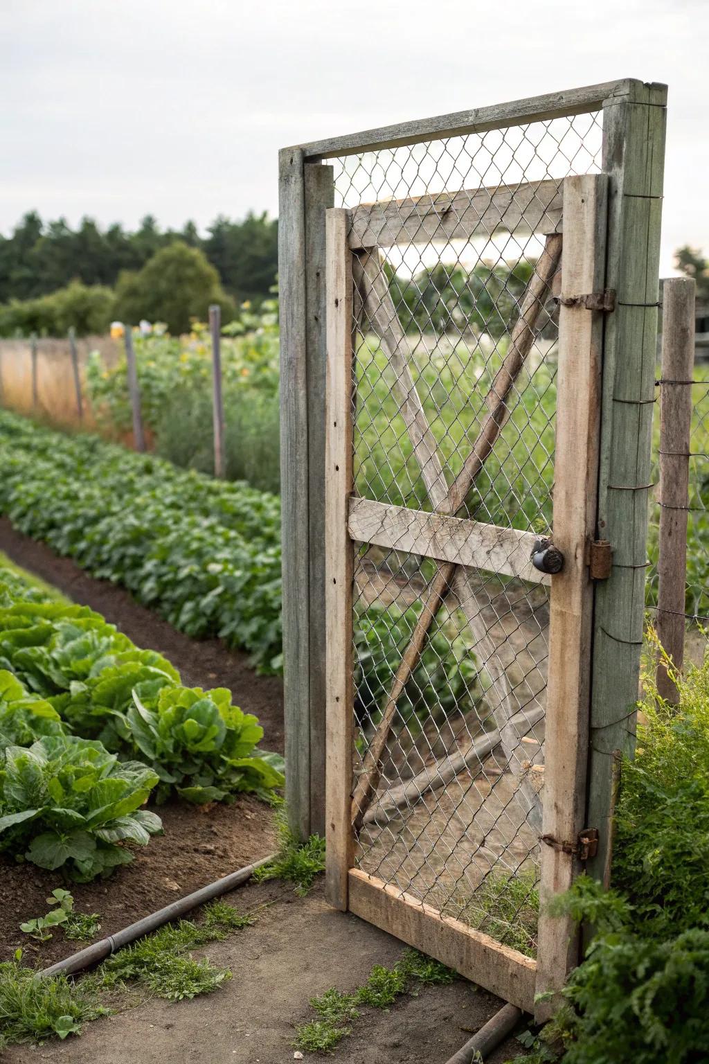 A contemporary garden gate with metal mesh for added security.