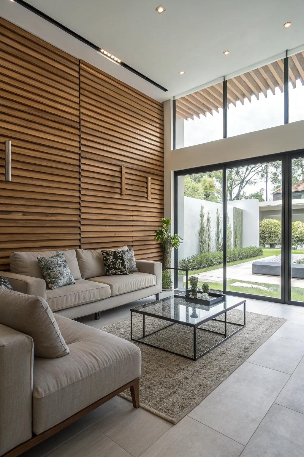 Sleek and modern horizontal wooden slats.