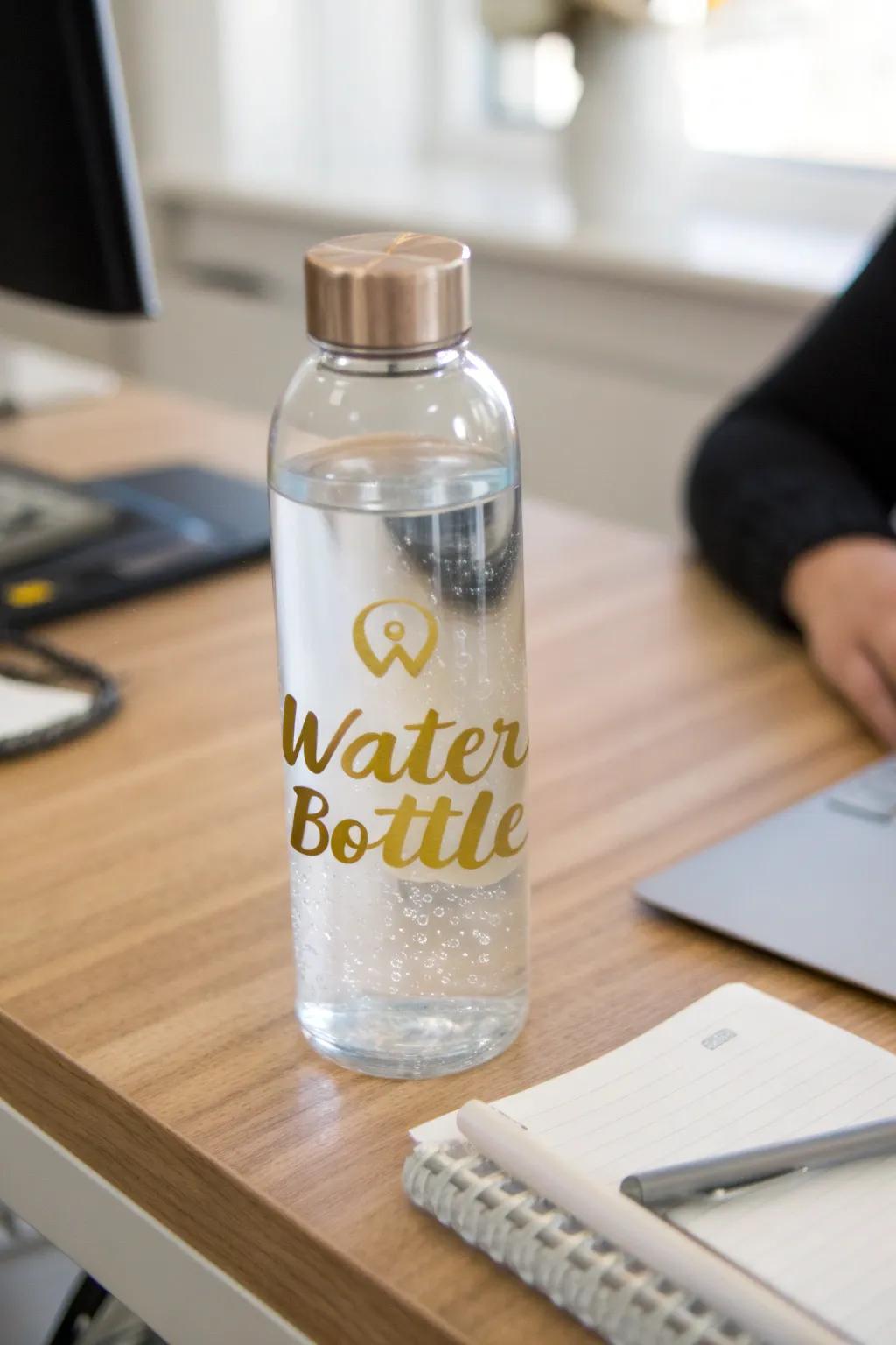 A personalized water bottle with gold vinyl lettering.