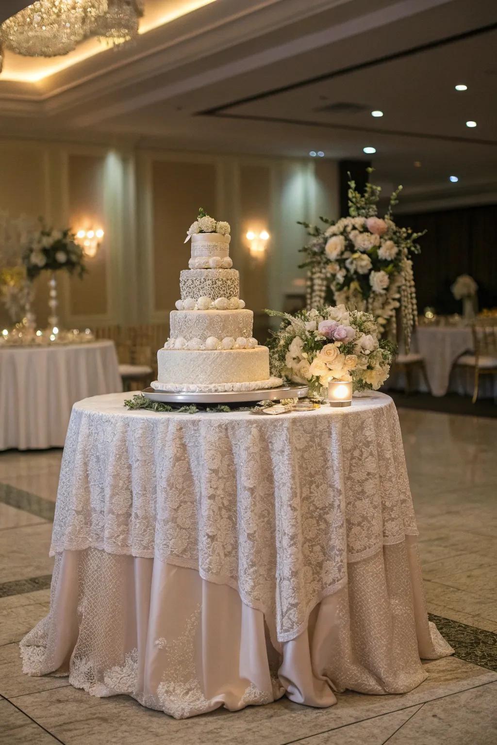 A wedding cake resting on a table adorned with elegant lace linens.