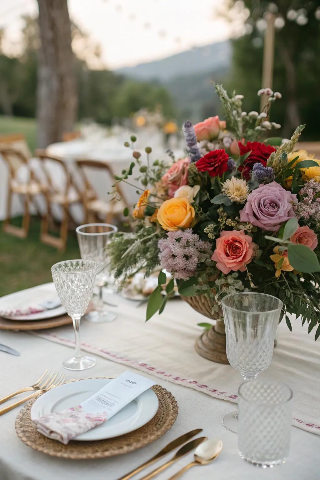 A vibrant floral arrangement adding life to the wedding table.