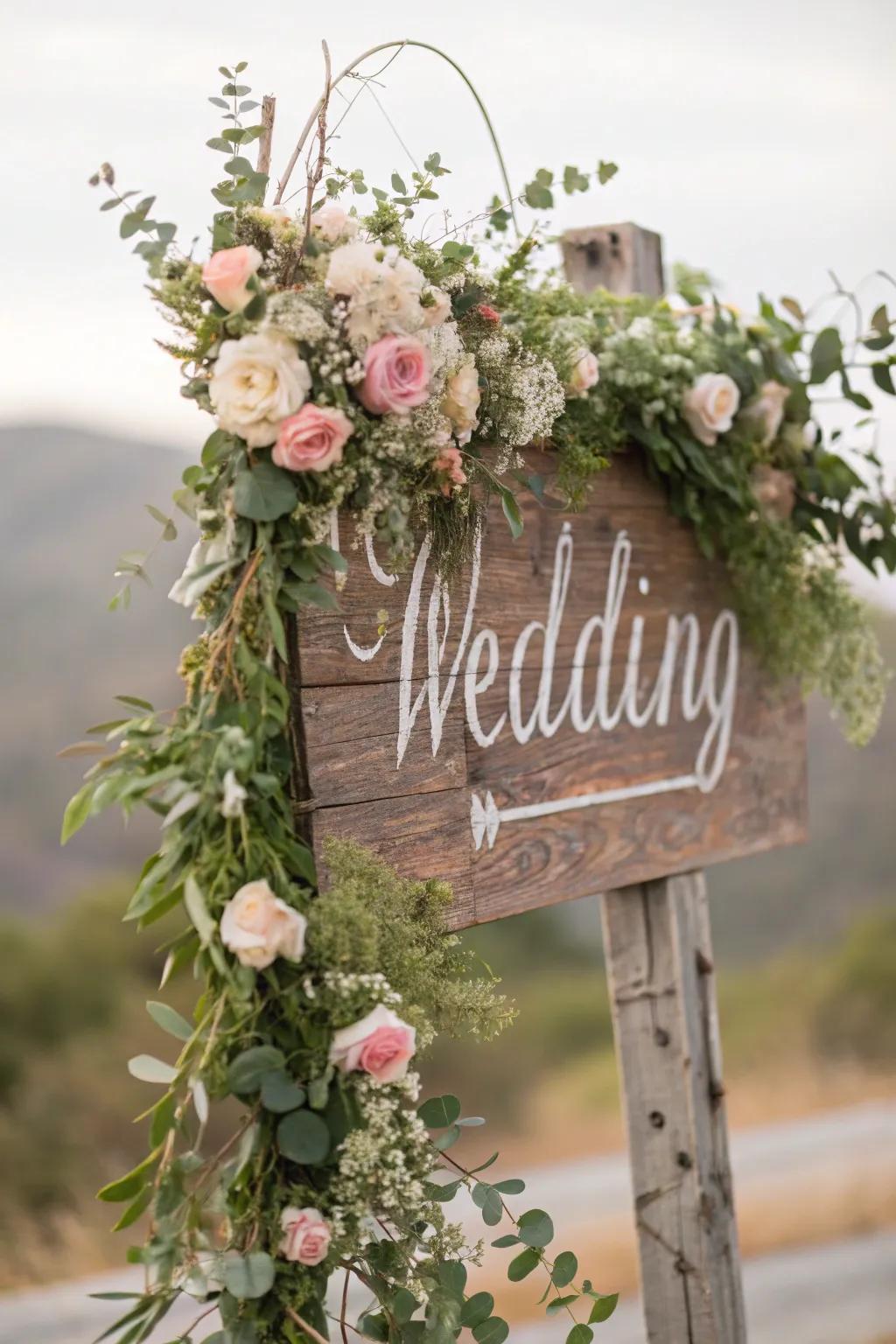 A rustic wooden sign adorned with natural elements.