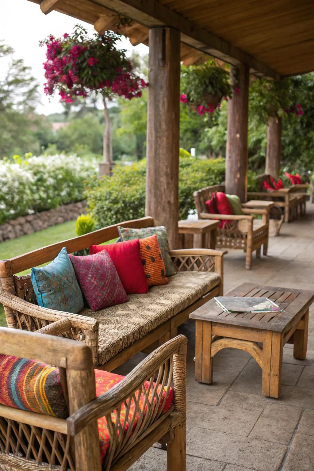 Country-style furniture gives comfort and panache to your patio.