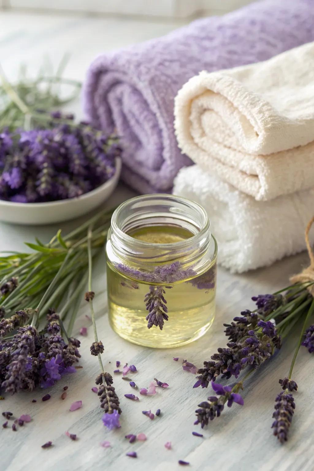 Indulge in homemade lavender-infused oil for relaxation.