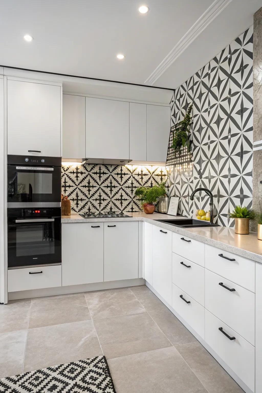 Black and white geometric patterns creating a modern contrast with white cabinets.