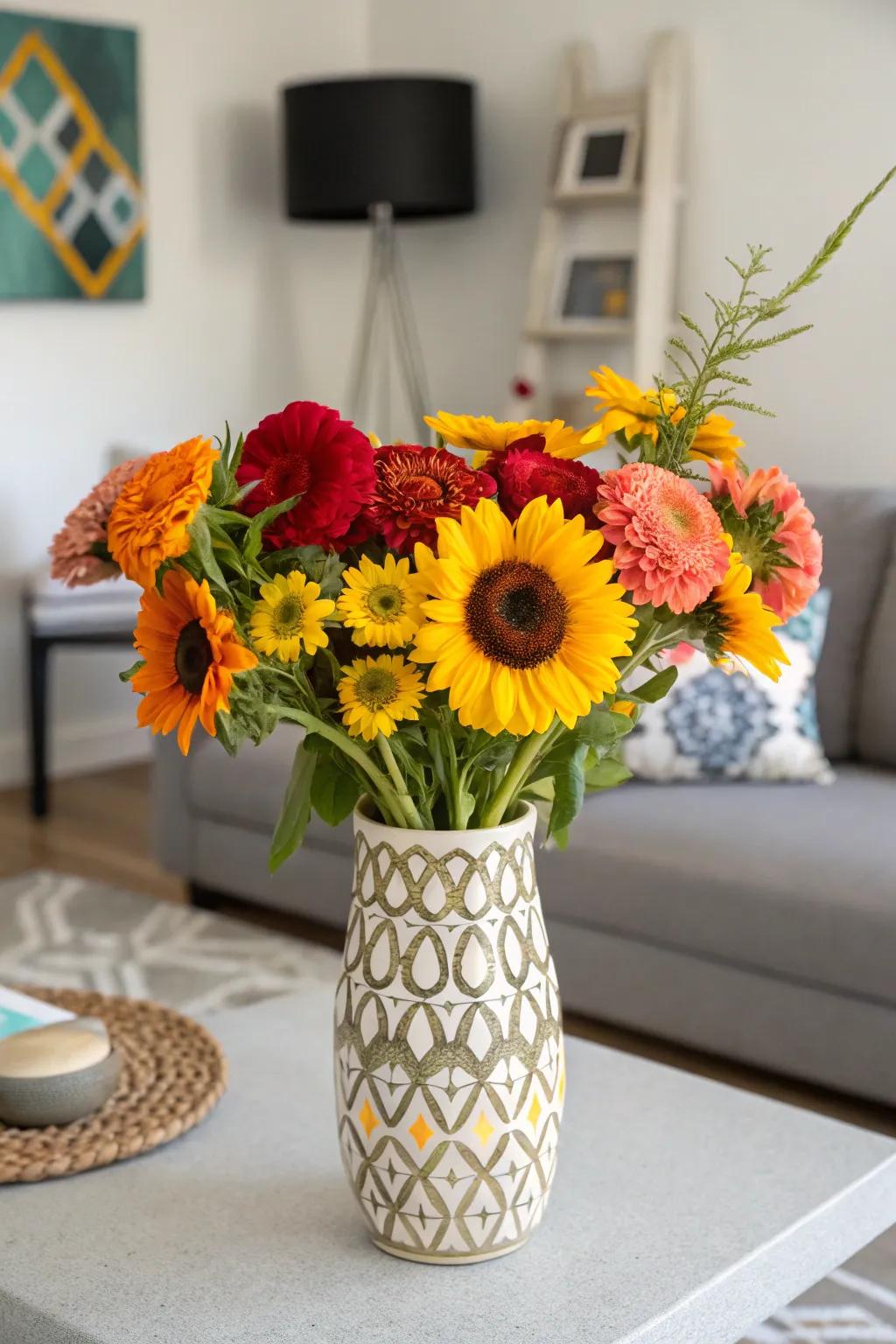 A striking container intensifies the vivid hues of wildflowers, crafting a remarkable spectacle.