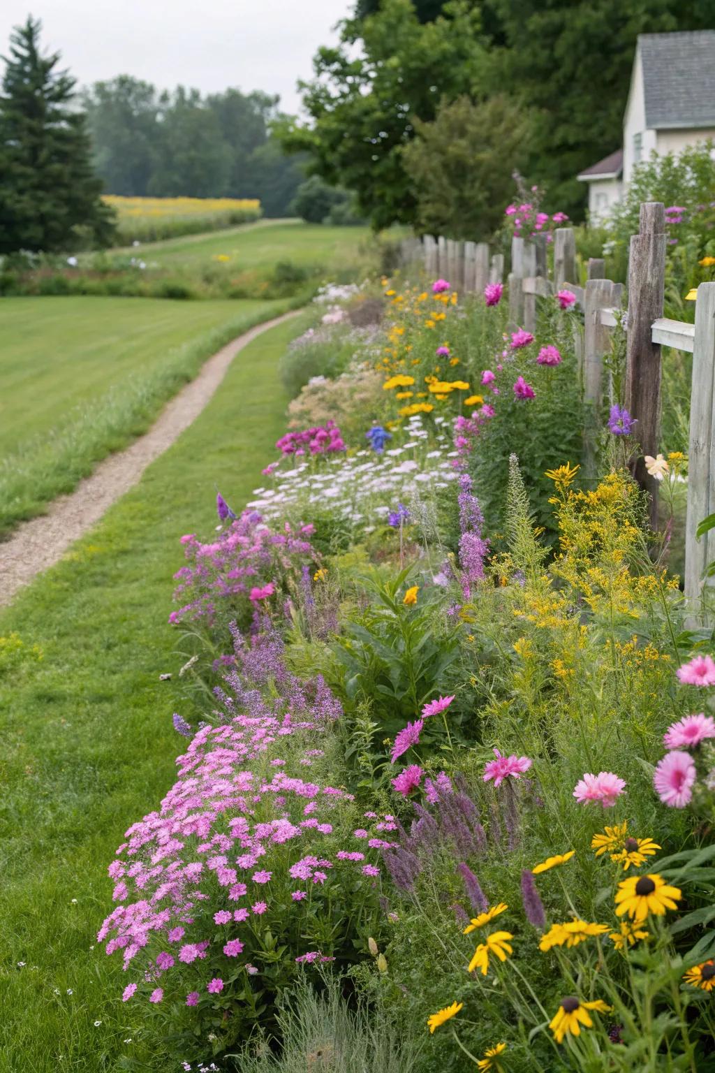 Wildflowers forming natural borders in a garden setting.