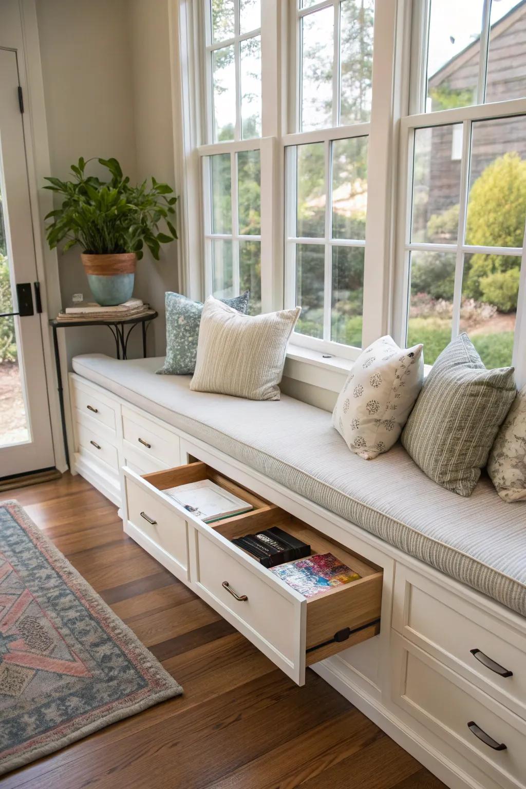 A window bench with built-in storage drawers to keep the space tidy.