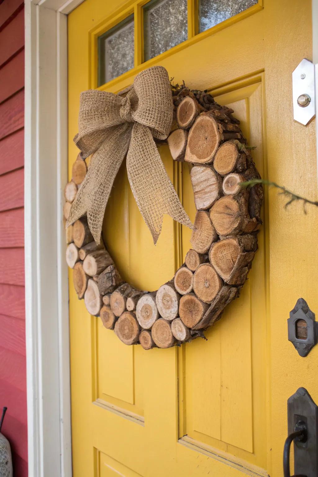 Rustic burlap and wood slice design for a cozy home feel.